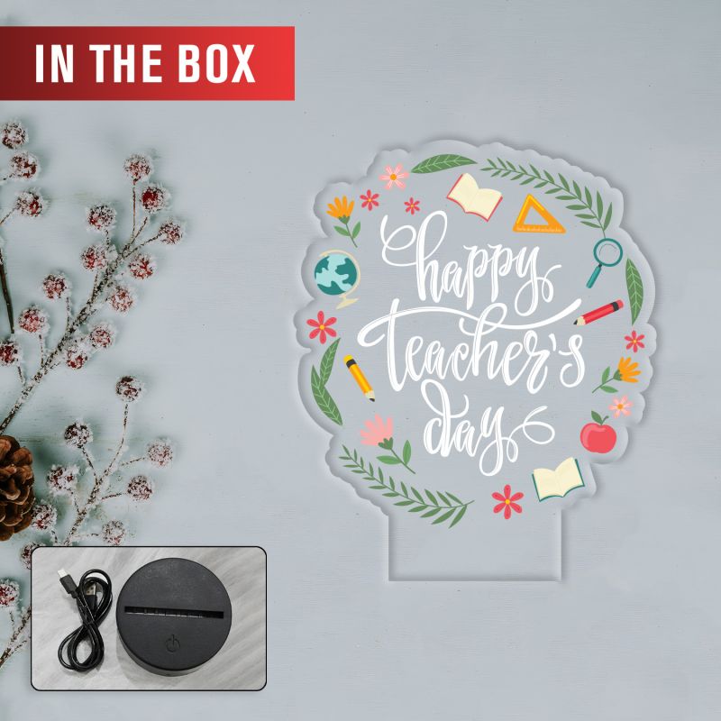 Happy Teacher's Day 3D LED Acrylic Night Lamp Tabletop Gift for Teachers, Mentors & Educators - Unique Appreciation Decorative Light for Classroom  Warm White Light & USB Powered